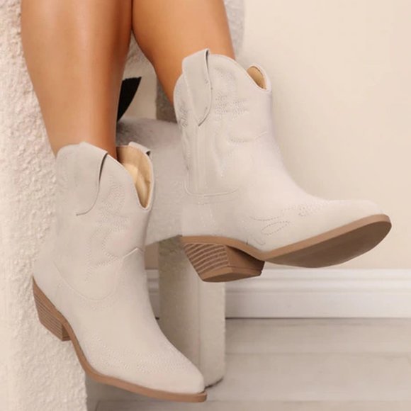 NEW🔥 Sand Embroidered Cowboy Cowgirl Ankle Booties Boots Pointed Toe Block Heel - Picture 4 of 6